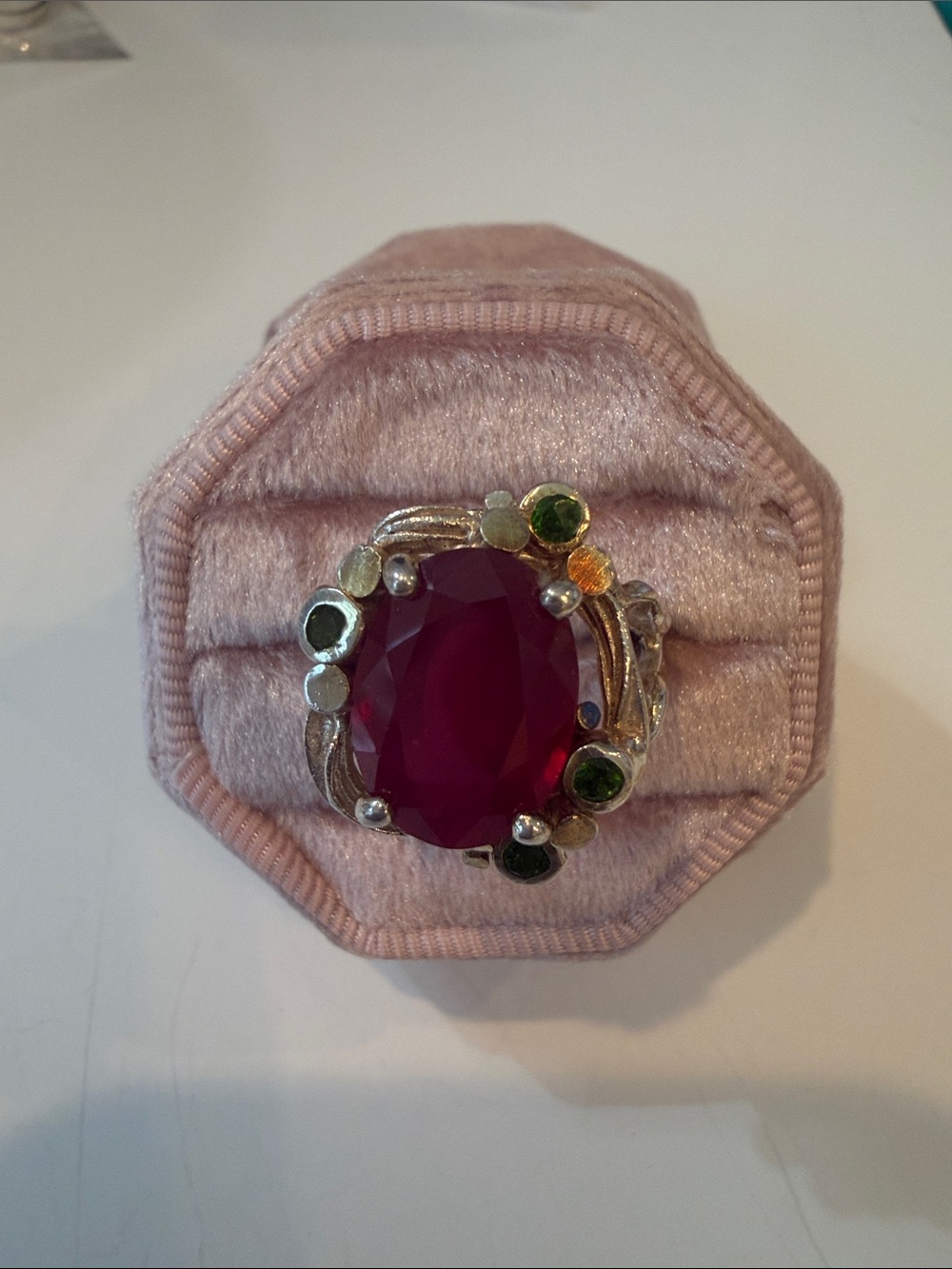 Statement Red Garnet Cocktail Ring with Green Crystals.Set in Sterling Silver